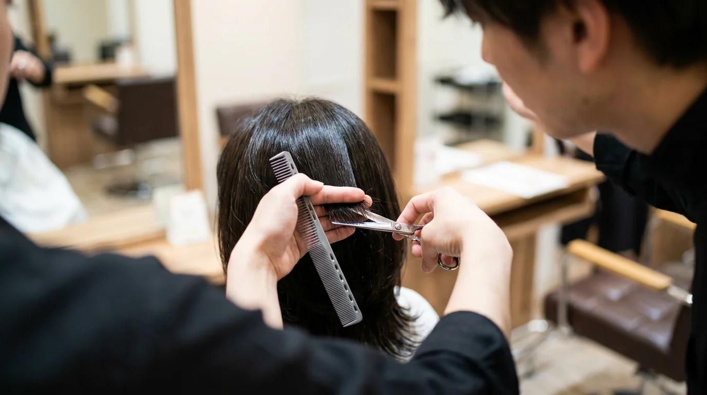 美容師がコームとハサミで髪を整えている手元