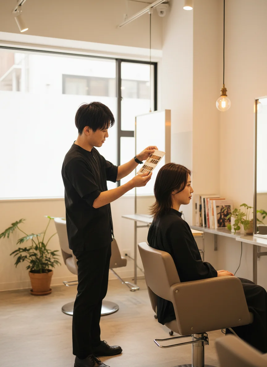 お客様の髪色を確認するスタイリスト